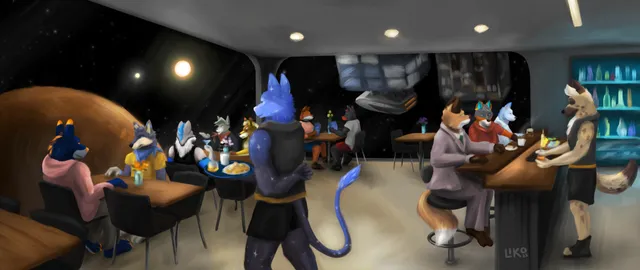 A clean modern bar on a space station where Liko's Twich viewers gather for a wonderful time