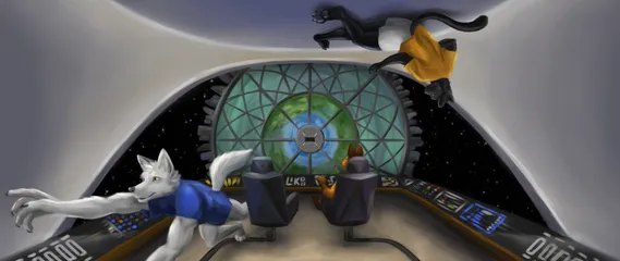 A crew of 3 furries leasurely pilot a space-ship to a city sized space-station