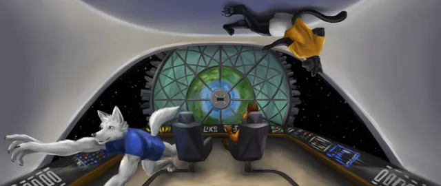 A crew of 3 furries leasurely pilot a space-ship to a city sized space-station