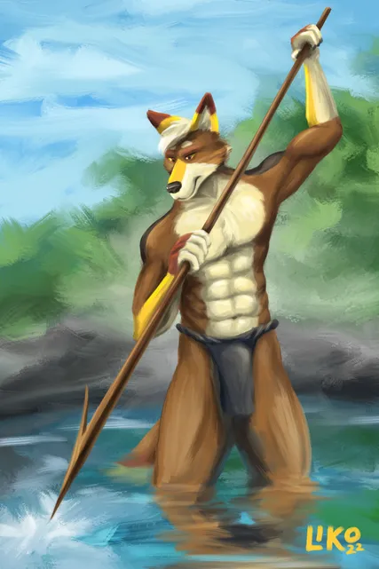 Mustard Coyote spear fishing in the river wearing a loin cloth