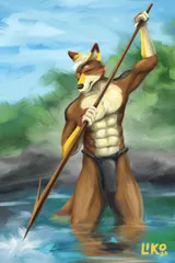 Mustard Coyote spear fishing in the river wearing a loin cloth