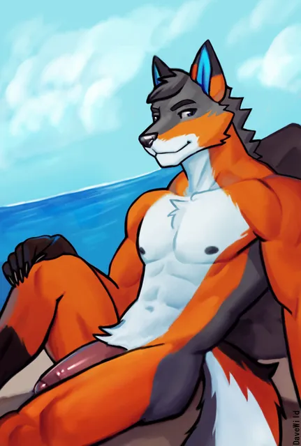 Liko Shepwolfox relaxing on the beach nude