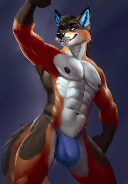 Liko flexing his muscles while wearing blue underwear