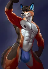 Liko flexing his muscles while wearing blue underwear